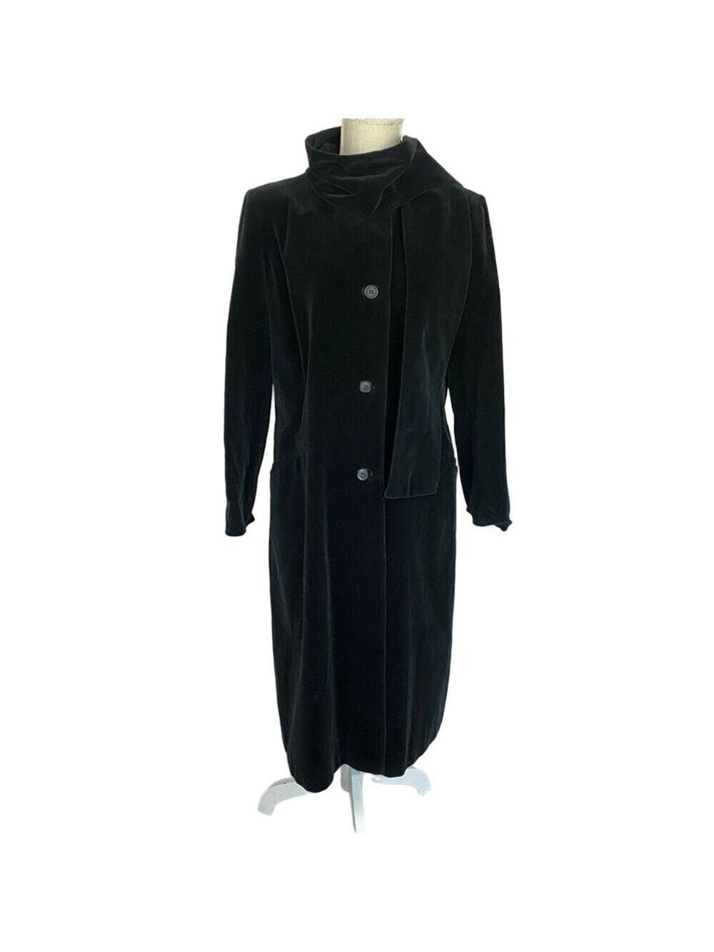 Vintage 80s Black Velvet Coat Dress W/ Scarf Drizzle Inc Button Down Knee Length